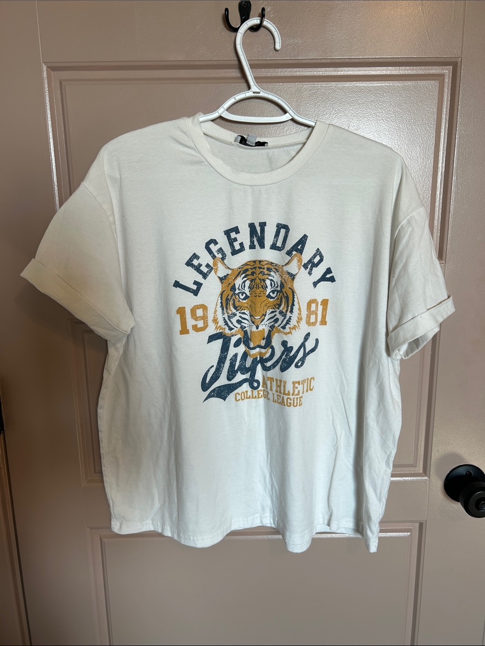 Polagram White Short Sleeve Tee with Navy and Gold Tiger Graphic